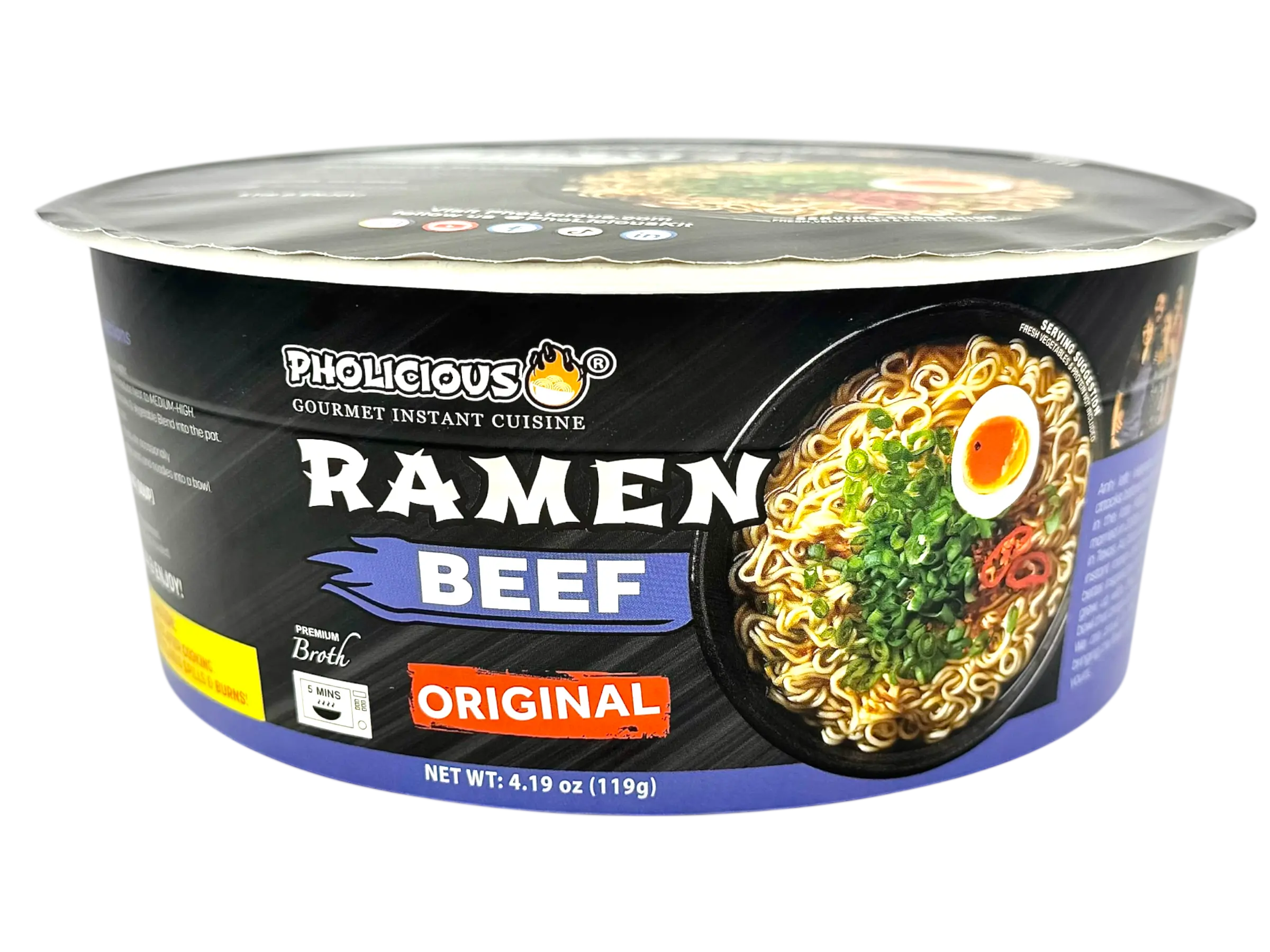 ORIGINAL BEEF Premium Ramen, (NON SPICY) Instant, PhoLicious Brand, 4 Pack / 4.19 Ounce Bowls, Fresh Ingredients