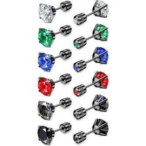 FLORIDECO Unisex 6-Pair Cubic Zirconia Jeweled Ear Stud Earrings, Black Rainbow Round Cut, Titanium Screw-Back Surgical Stainless Steel Metal Studs, Hypoallergenic for Sensitive Ears, Daily Sleepable Wear, Cubic Zirconia Earrings