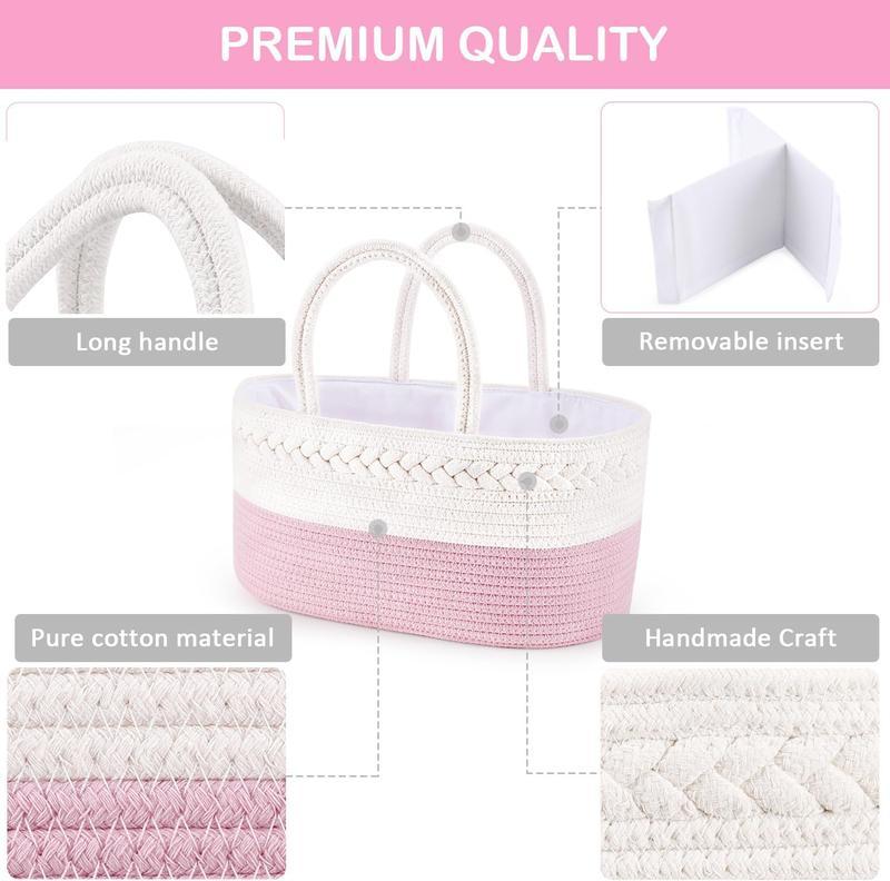 Diaper Caddy, Nursery Storage Bin and Car Organizer for Diapers and Wipes, Cotton Rope Basket Changing Table Caddy, Portable Baby Diaper Tote for Home Travel