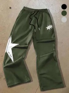 Unisex Trendy Vintage City Star Print Pants, New York Text Oversized Stars Design, Loose Wide Leg, Casual Men's Bottoms for All Seasons, Casual Streetwear Pants