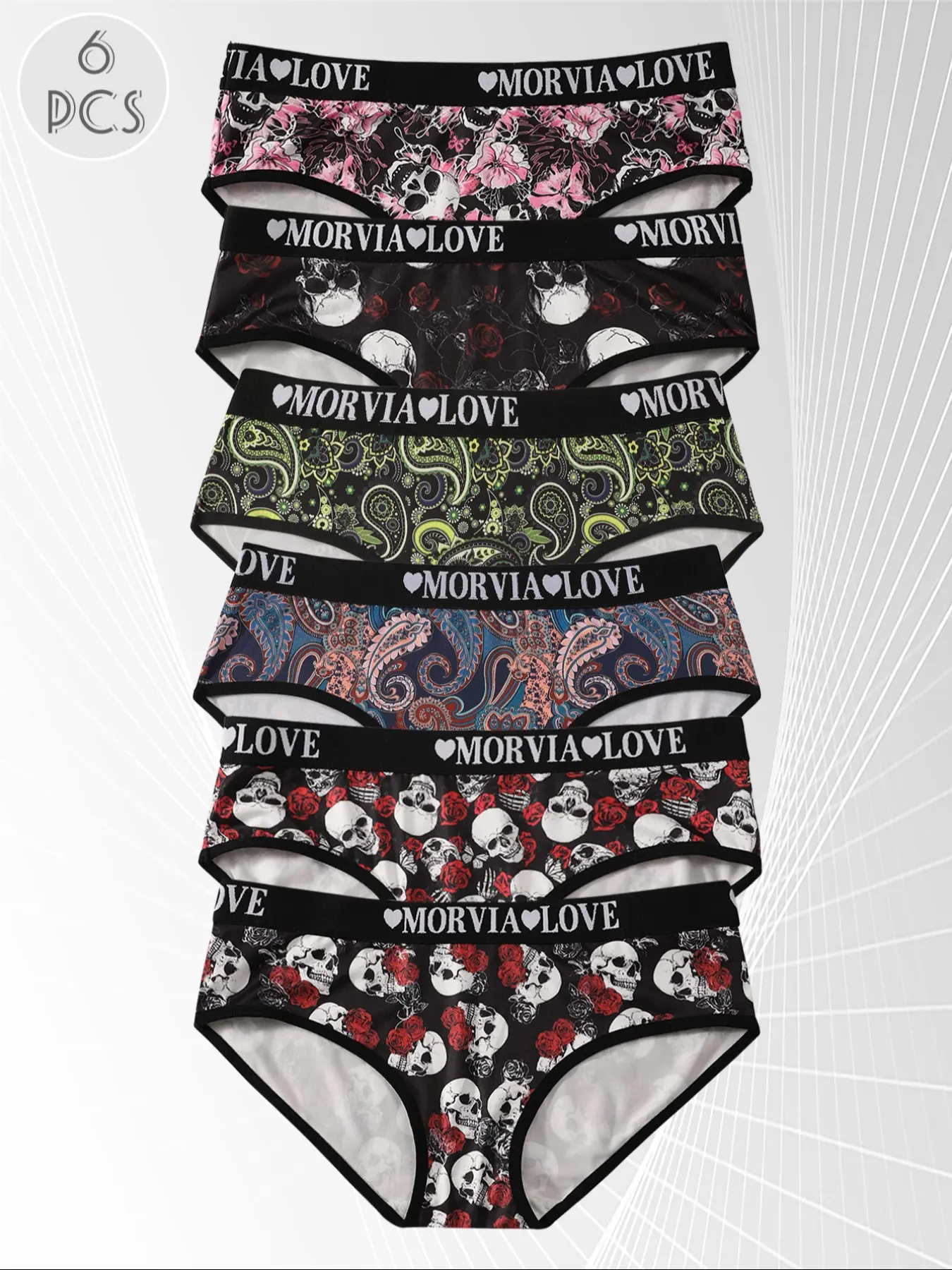 Women's Gothic Skull & Rose Heart Print Underwear Set, Breathable Comfortable Panties, for Daily Wear & Halloween Gift, Breathable Stretch Panties, Breathable Knickers