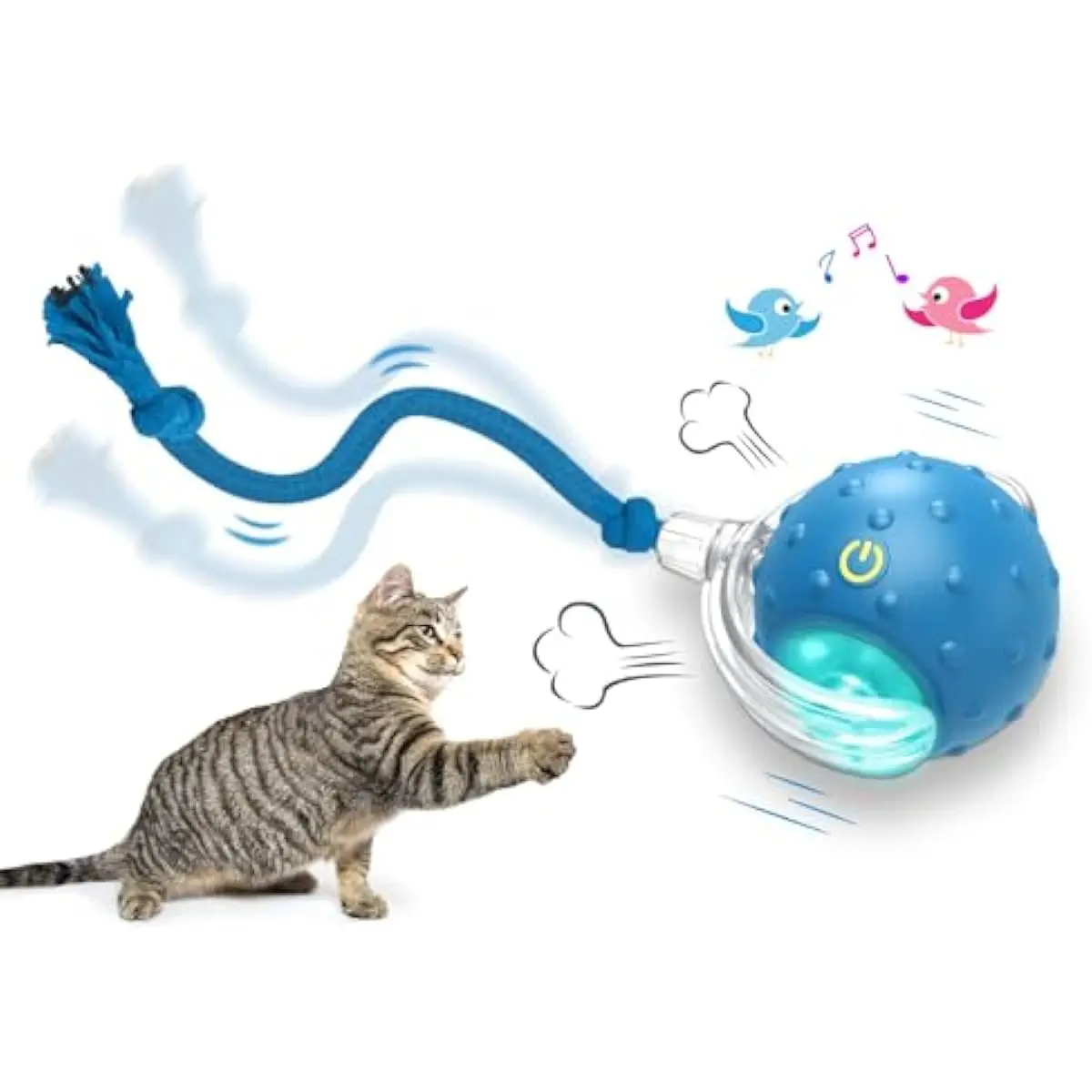 Interactive Cat Toy Ball, Automatic Rolling Cat Ball with Bird Chirp Sound & Feather Tail, USB Rechargeable Smart Kitten Toy