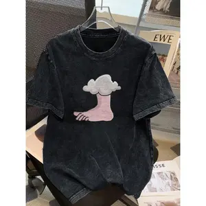 Men's Distressed Washed Cotton T-Shirt - "Clouds and Hands" Playful Graphic Top.Ideal for men with a sense of humor, stylish guys, casual gatherings, and everyday wear.