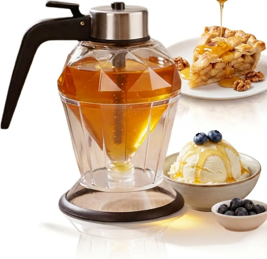 Honey/Syrup Dispenser -Premium No Drip Design, Elegant Diamond Shape with STAINLESS STEEL TOP,Clear Glass Honey Container（8oz）