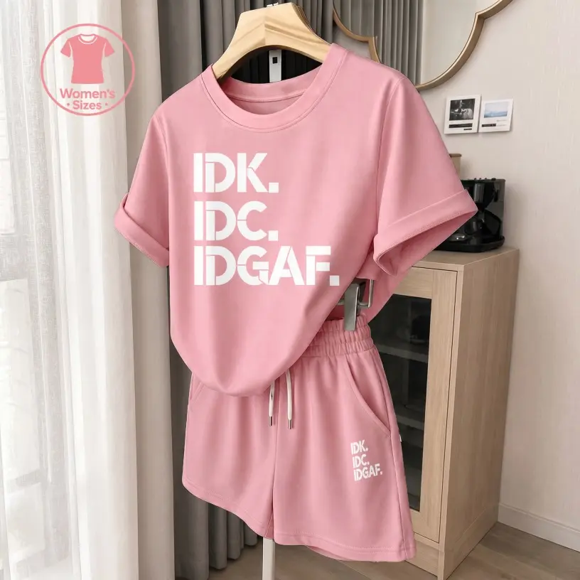 Women's IDK IDC IDGAF Graphic Short Sleeve T-Shirt And Shorts Set, Casual Summer Two-Piece Outfit With Crew Neck Top And Drawstring Waist Shorts For Daily Wear