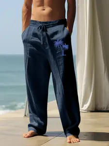 Men's All-Seasons Outfits Pure Color Linen Blend Beach Pants, Elastic Drawstring Waist, Palm Tree Print Loose Wide Leg Fit, Beach Vacation Outfits Lightweight Breathable Summer Trousers for Vacation & Casual Wear