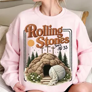 Rolling Stones Since AD 33 Sweatshirt - Pink Crewneck With Knitted Tomb Cave Artwork And “Rolling Stones Since AD 33” Text Graphic , Christian Easter Theme , Crewneck Sweatshirt , Cozy Soft Fit , Faith Based Apparel , Gift For Believers