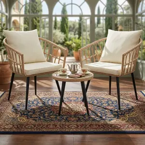 3 Pieces All Weather Rattan Patio Furniture Set Outdoor Wicker Conversation Set Round Table & Chair Combo Perfect For Garden Balcony Backyard Porch Deck Yard Outdoor Leisure Use