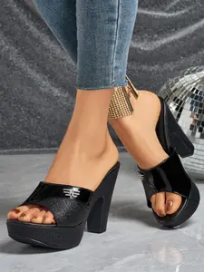 Elegant Women's Rhinestone Fish Mouth Slip-On High Heel Sandal Shoes, Artificial Leather, Medium Width, Round Toe, Cone Heel, Plain Pattern, Footwear