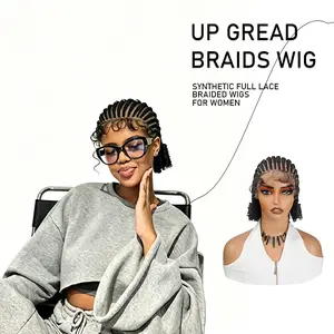 Short Curly End Cornrow Braided Wig Full Lace 100% Hand-Tied  Braiding Hair 8 Inch  Synthetic wigs for Black Women