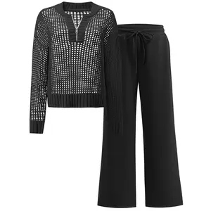 ANRABESS Womens 2 Piece Outfits 2025 Fall Crochet Knit Half Zip Sweater Top Wide Leg Pant Travel Matching Sets Lounge Clothes