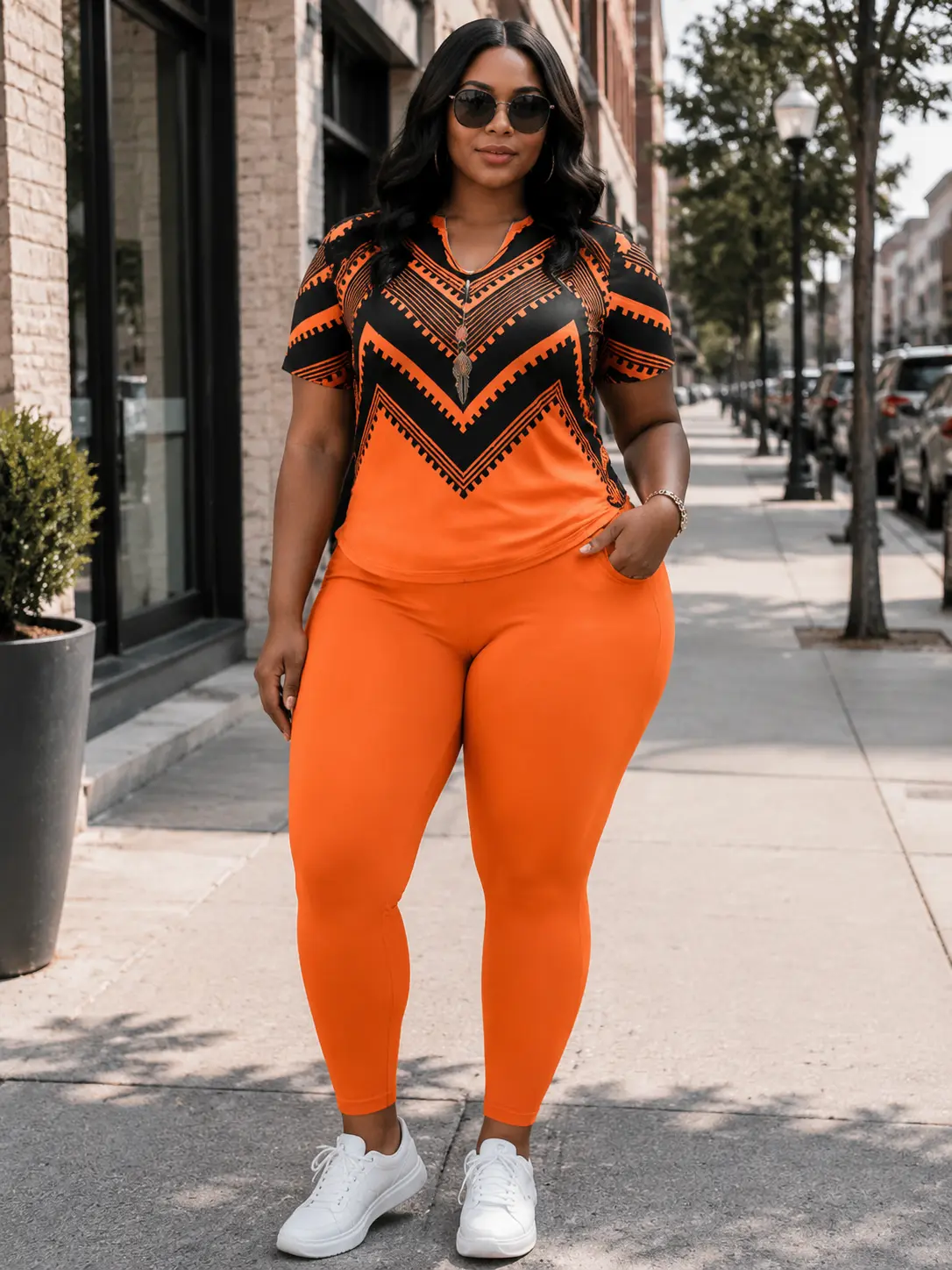 Women's Plus-Size 2-Piece Sets - V-Neck Short-Sleeve Solid-Color Letter Print Top & 9-Tenths Pant, Loose-Fit Cut, 4-Way Stretch, Gradient Geo, Soft Lightweight Early Summer Vacation Wear (Womenswear), Four-Way Stretch