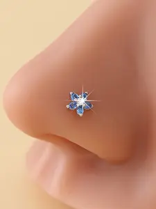 Small Flower Nose Stud with Blue Synthetic Zircon, Cute Design, Daily Wear, Gift Idea, Geometric Pattern, Stainless Steel Chain Material, Floral Nose Stud