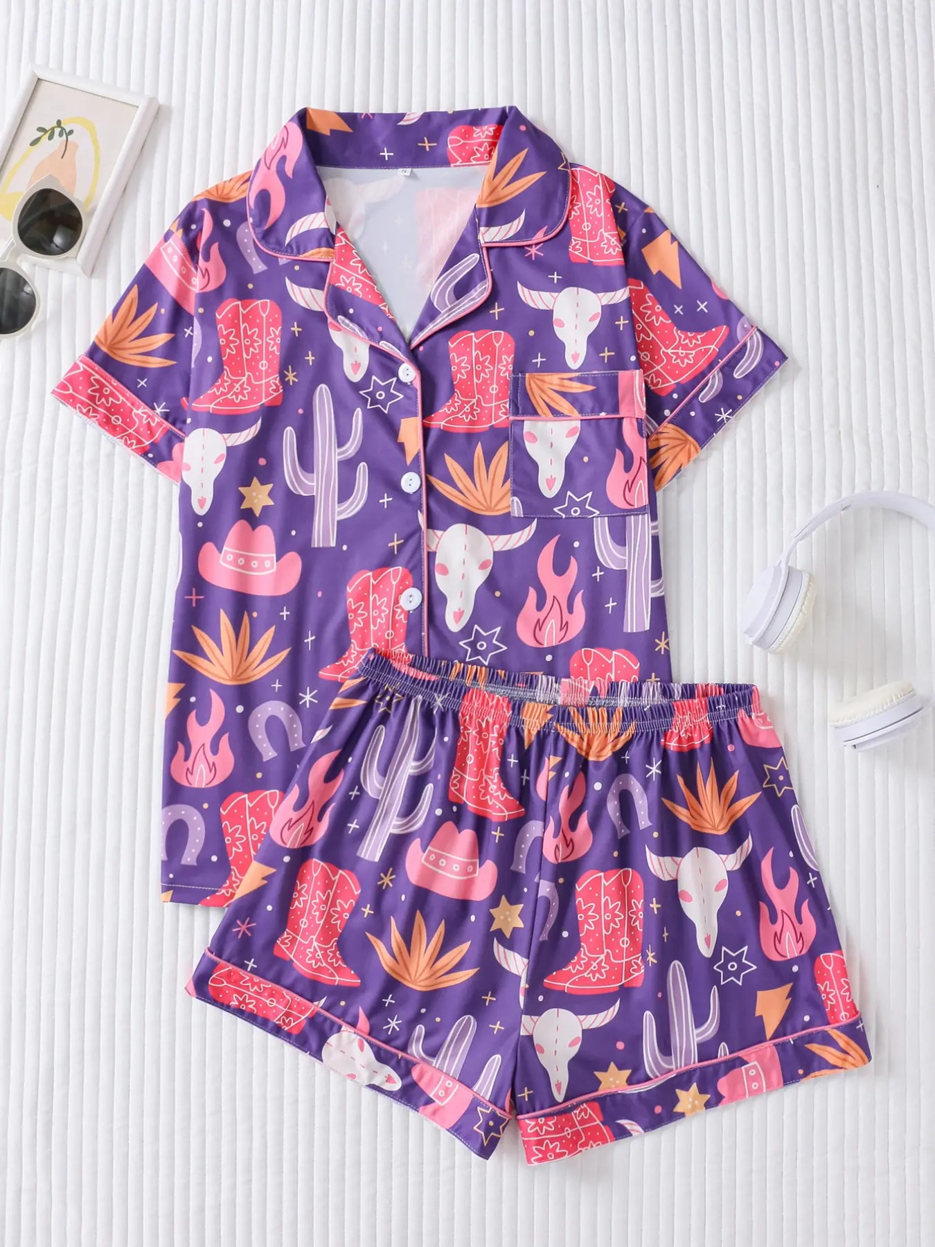 Two-Piece Western Cowboy Style Print Sleepwear Pajama Set for Women, Loose Fit Cardigan Short Sleeve, Casual Loungewear Sets All-Season Blouse Shirt Loungewear