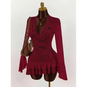 Deep V Neck Burgundy Mini Dress With All Over Lace And Long Flare Sleeves,Party Dress Can be used with a raincoat