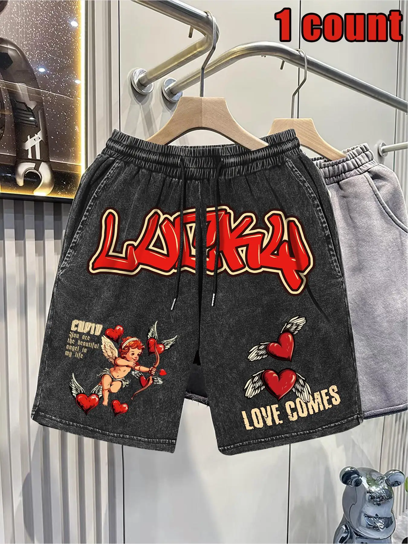 Men's Letter & Angel Print Drawstring Shorts, Casual Comfy Fashion Breathable Shorts for Daily Wear, Men Bottoms for Summer