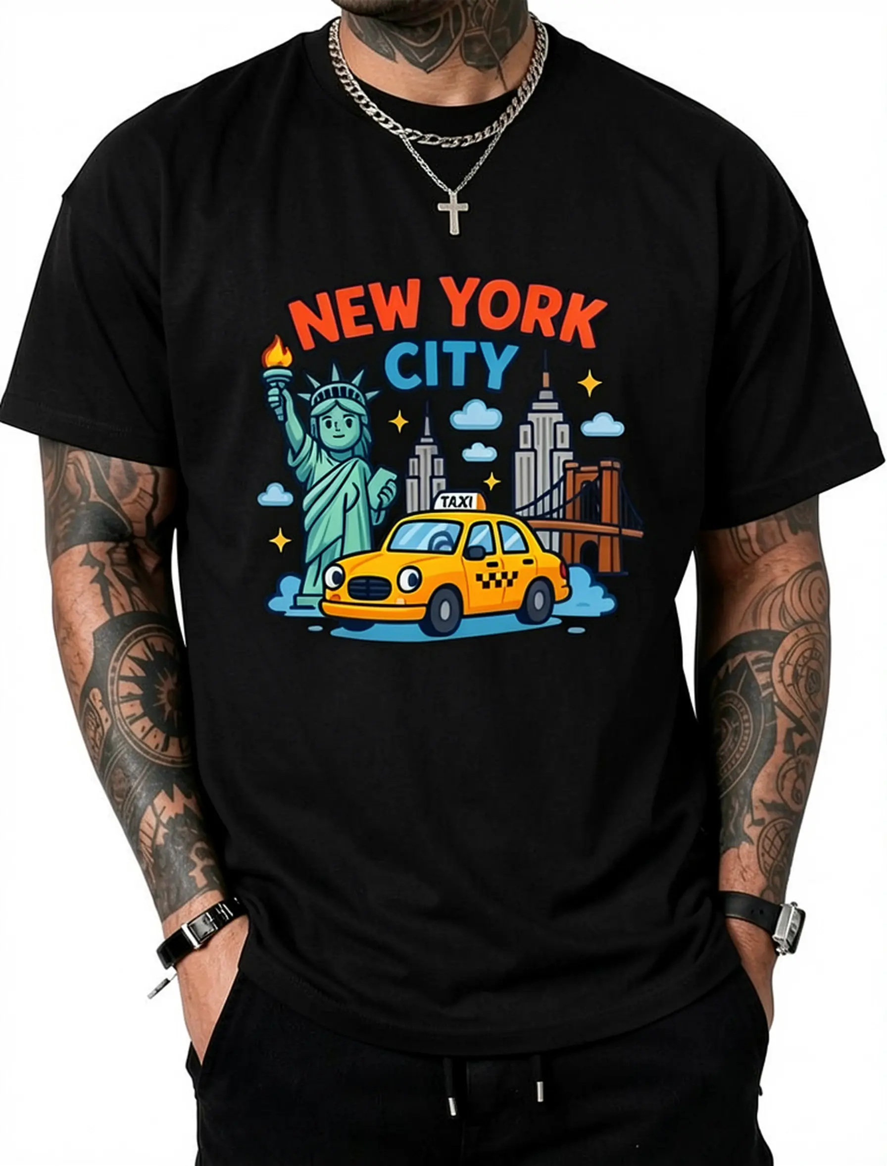 Men's 100% Cotton Casual Short-Sleeve Graphic T-Shirt - Vintage NYC Cartoon Subway Train Design, Menswear Streetwear Round Neck, Multi-Size Up to 3XL, Travel Souvenir Top, Playful Humor, Shortsleeve