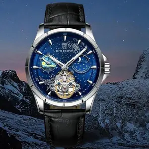 Men's Automatic Mechanical Watch, Starry Sky Blue Dial Earth Moon Phase Skeleton Black Leather Luxury Business Wrist Watch
