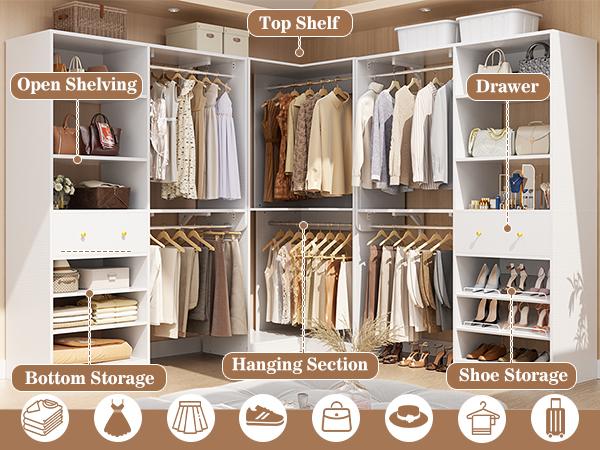 Closet System Set of 3 - Corner Closet Organizer System with 2 Drawers/16 Shelves/6 Hanging Rods, 151.1" L-Shaped Walk-In Wardrobe Organizer, 2800+ lbs Capacity