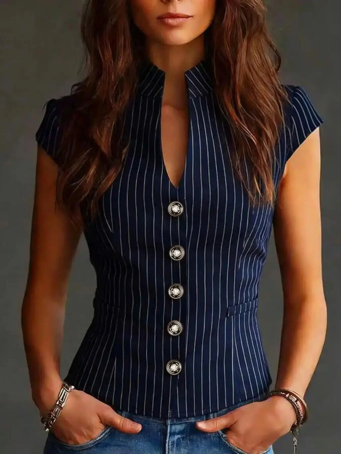 New Summer Women's Striped Stand Collar Button Shirt, Slim Fit V Neck Short Sleeve Commuter Top, Elegant Waist-Cinch Professional Button Up Blouse
