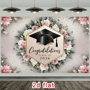 [PARTY BANNERS] 2D Flat Banner, Congratulations Class Of 2026 Grad Cap Pink Floral Elegant Decor Polyester Backdrop, for Party Decor Farm, Garden, Home, Room, Club, No Electricity, This Is a Wonderful Gift for Valentine's Day, Birthday