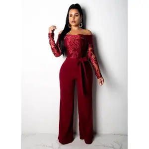 Women One Piece Sexy Slim Fit Jumpsuits Lace Floral Off Shoulder Full Sleeve Overalls Wide Leg Long Pants Tight Waist Rompers Fabric Womenswear