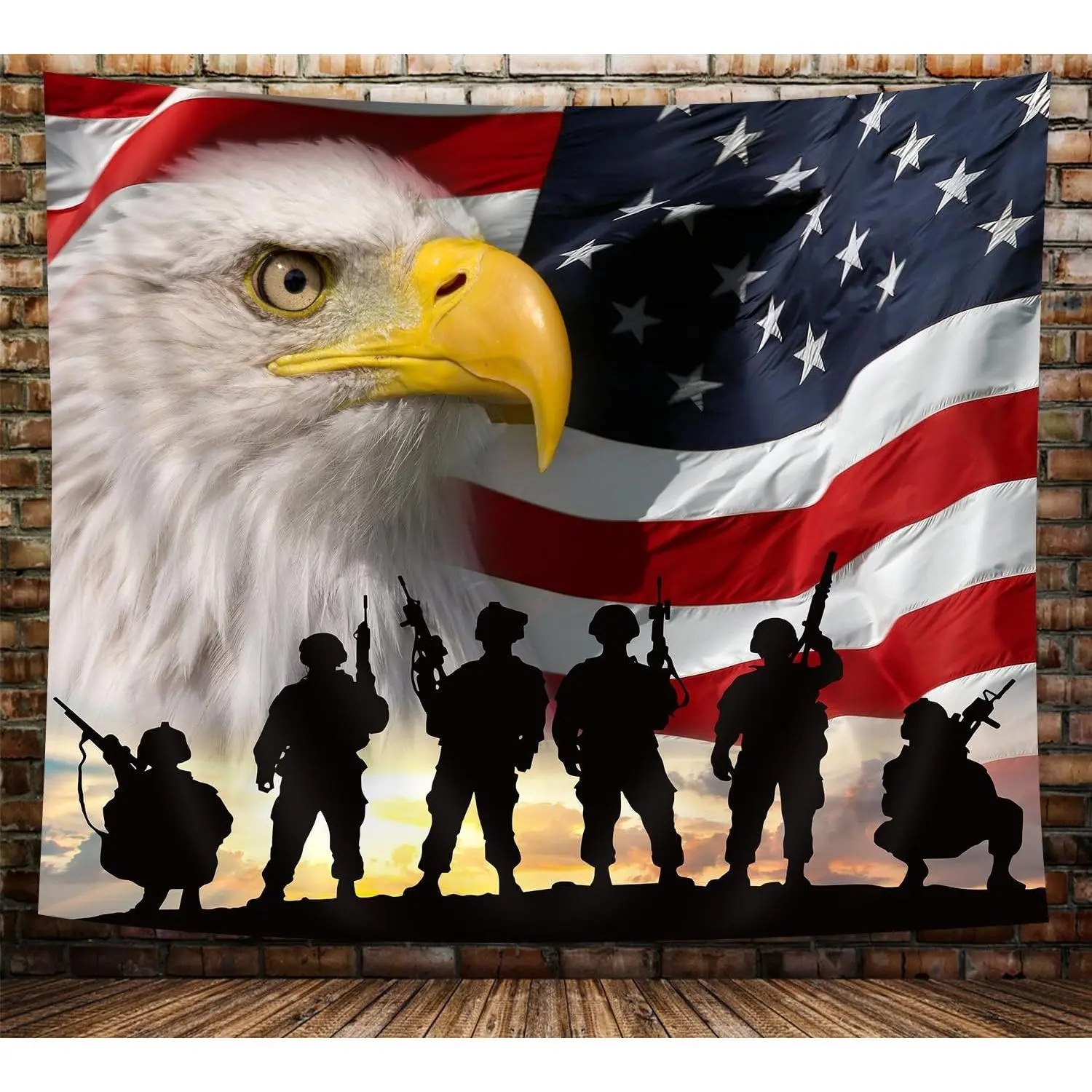 United States USA Flag Tapestry Wall Hanging, American Military Soldiers with Eagle at Sunset Tapestry Wall Art for Home Decorations Dorm Decor Living Room Bedroom Bedspread Curtain Table banner wall decor