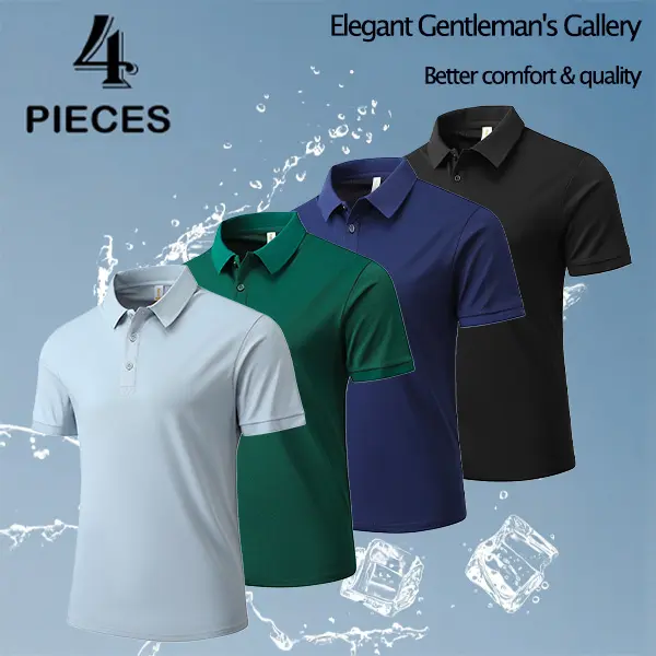 Men's 4-Pack Short Sleeve Polo Shirts - Menswear Top with Moisture-Wicking Breathable Fabric, Elegant Look, Casual Fit for Outdoor Sports & Everyday Wear, Plain
