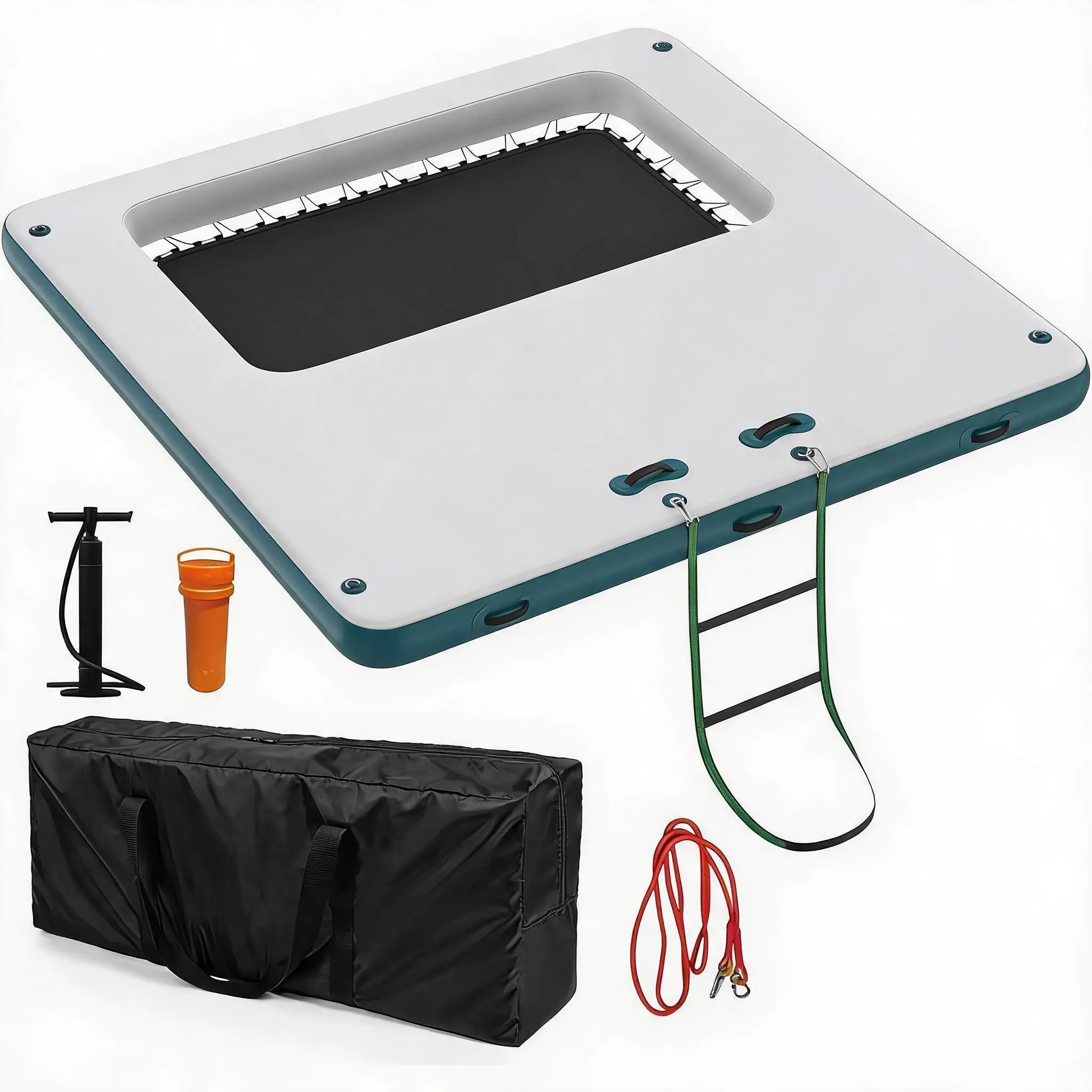 Inflatable Floating Dock Platform with Non-Slip EVA Surface, Mesh Swim Area, Rope Ladder – Heavy Duty Square Water Raft for Lakes, Pools, Boats, Beach, Ocean