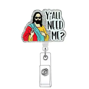 Jesus Pattern Retractable Badge Reel, 1 Count Acrylic ID Holder with Clip, Badge Pins for Nurses Doctors Students Staff, Identification Badges & Supplies
