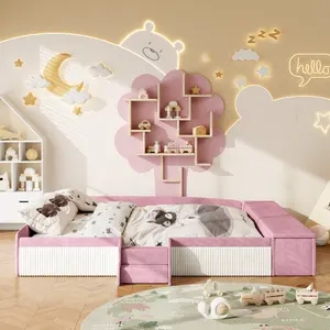 King Size Kids Floor Bed Frame, Velvet Upholstered Daybed with Contrast Colors (Pink-White), Padded Guardrails, Stairs and Gas Lift Storage Ottoman