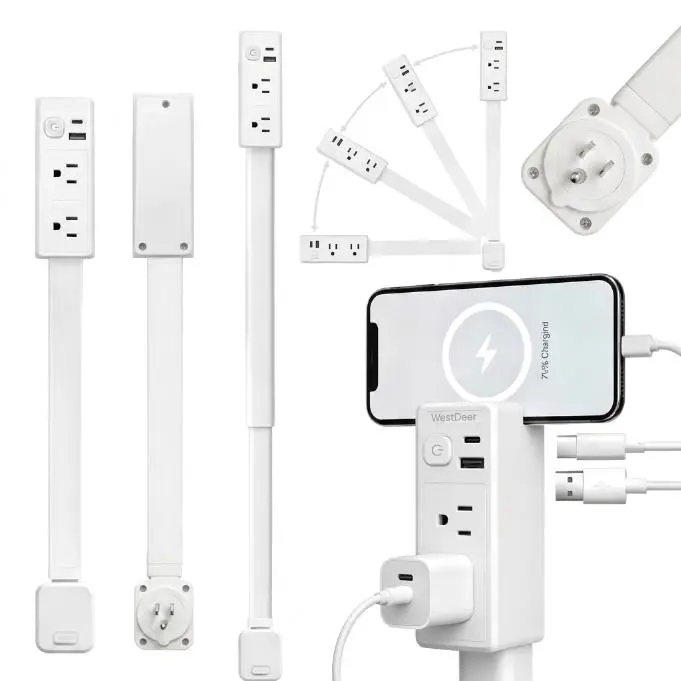 Outlet Extender Outlet electrical Mountable Multi Plug Wall Outlet, with USB-A USB-C & 2 AC, Extendable 22-34" Rotatable 180°, Surge Protector Power Strip,UL-certified power cord,ideal for behind furniture in home/office