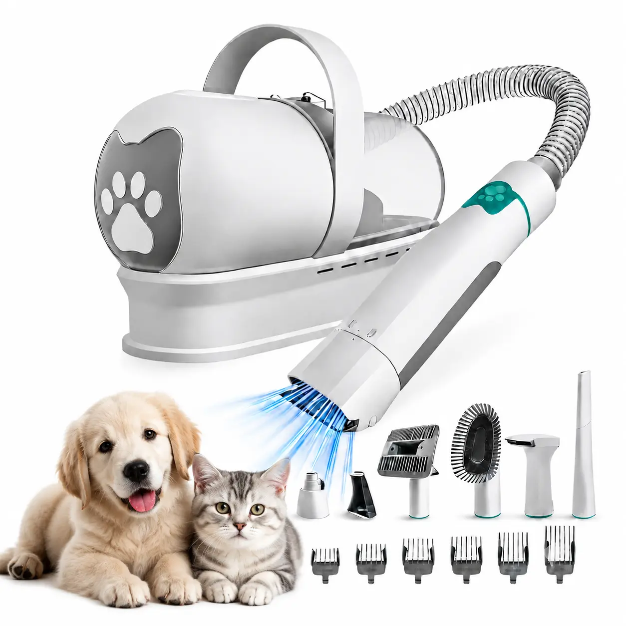 Dog Grooming Vacuum Kit with Clippers, 7-in-1 Pet Grooming Tools for Shedding, 6 Guide Combs, Paw Hair Trimmer, Nail Grinder and Cleaning Attachments