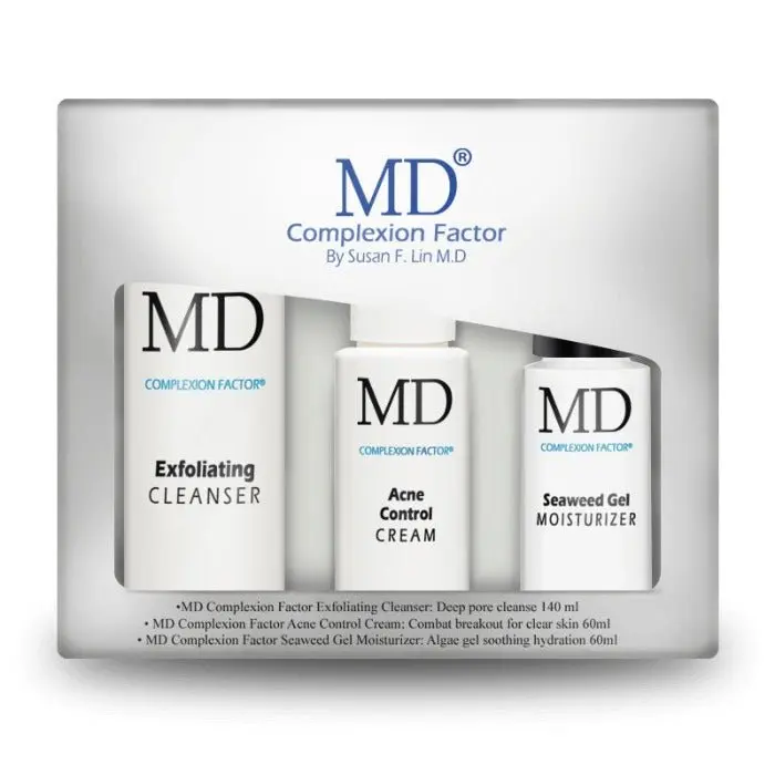 MD Acne Complexion Factors Starter Kit - 3% Sulfur Exfoliating Cleanser, Nourishing Seaweed Gel Moisturizer, Daily Control Cream for Exfoliate, Moisture, Skin Repair, Spot Treatment, Blemishes & Blackheads, Acne-Prone Skin