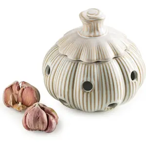 Garlic Storage Pod Ceramic Garlic Keeper with Lid Large Garlic Container for Counter, White