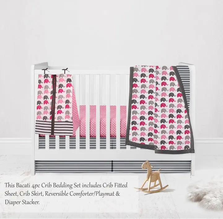 Bacati Elephants 4-Piece Crib Bedding Set - Pink/Gray
