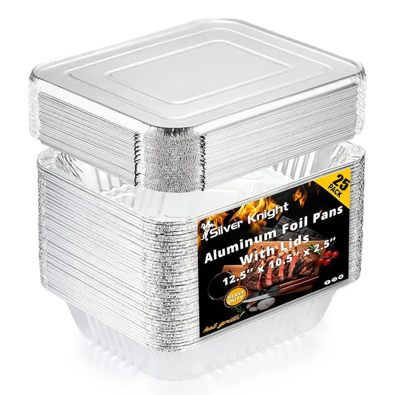 Disposable Aluminium Foil Pans with Foil Covers Set (25-Pack) - 9x13in Extra Thick Rectangular Half Size Deep Cookware, Durable Even-Cook Surfaces for Baking, Serving, Home & Commercial Use