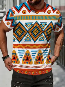 Unisex Middle Eastern Multi-Color Patchwork Print Short Sleeve T-Shirt, Summer Fashion Quick-Dry Casual Top, Ideal for Daily Wear & Outdoor Activities