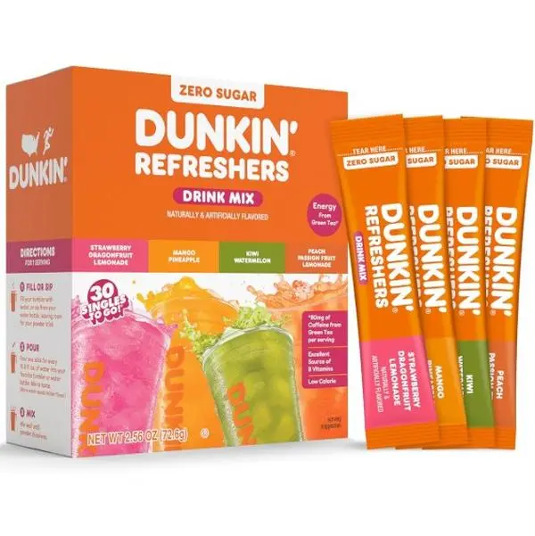 Dunkin’ Zero Sugar Refreshers Singles To Go! Powdered Drink Mix, 30 Ct Variety Pack, Energy from Green Tea, Aspartame-Free, Just Add Water