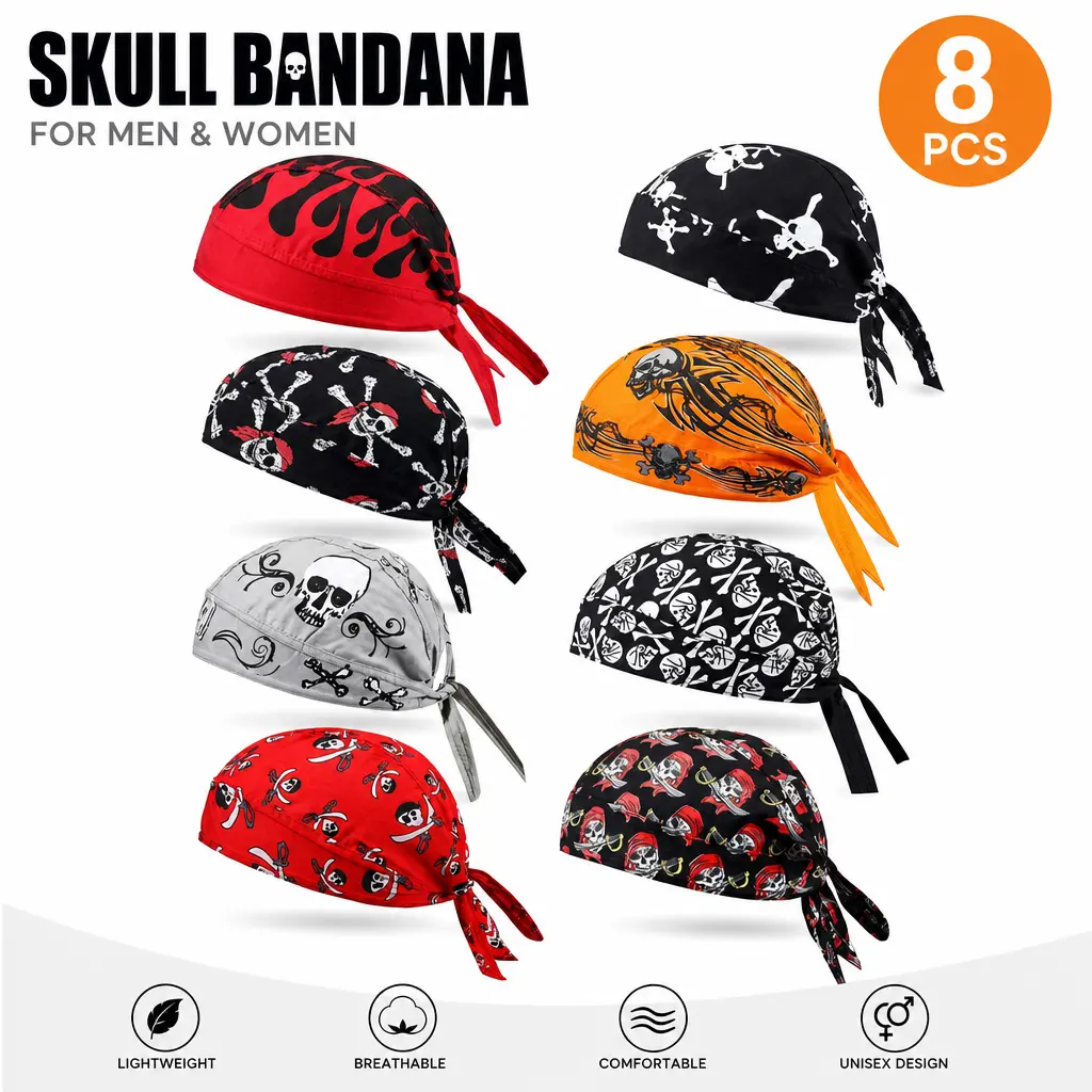 Adults' 8pcs Breathable Skull Caps - Unisex Sweat-Wicking Quick-Dry Helmet Liners, 55-60 cm Space-Saving Doo Rags for Biking (Wear Under Helmet or as Bandana)