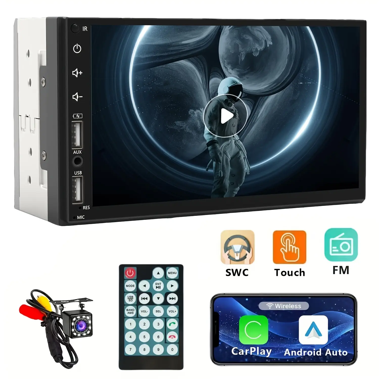 7inch Touch Screen Car Radio with Backup Camera, Car Audio Receiver, Bluetooth, Mirrorlink, FM, SWC, 2 USB/AUX/Subwoofer Wireless Carplay Double Din Car Stereo with Android Auto