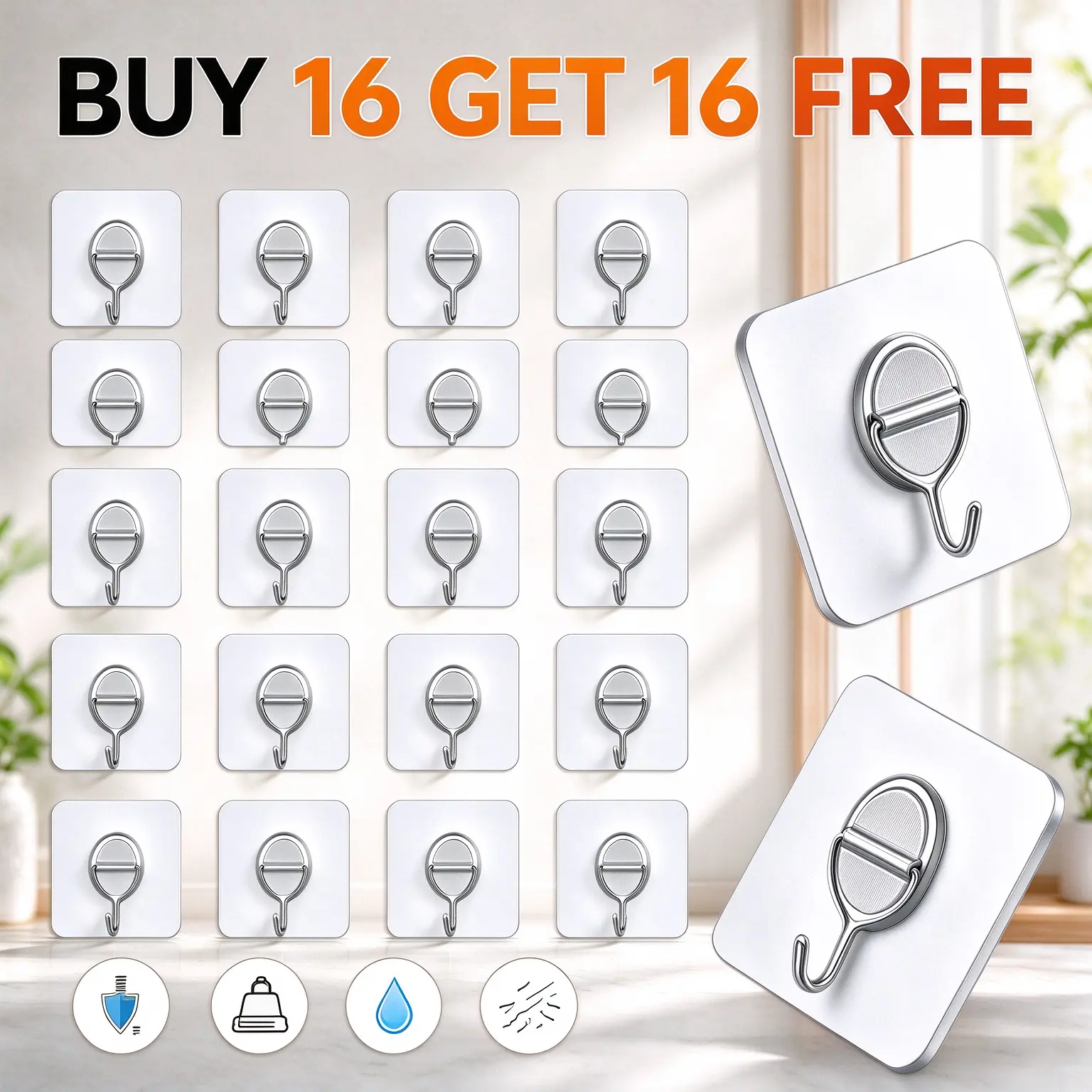 16-Pack Transparent Rotatable Adhesive Wall Hooks, Heavy-Duty 20LBS Stainless Steel Sticky Hooks, Waterproof No-Drill Smooth Wall Hangers, Damage-Free for Camp Kitchen Decor, Plant Hanging & Home Storage