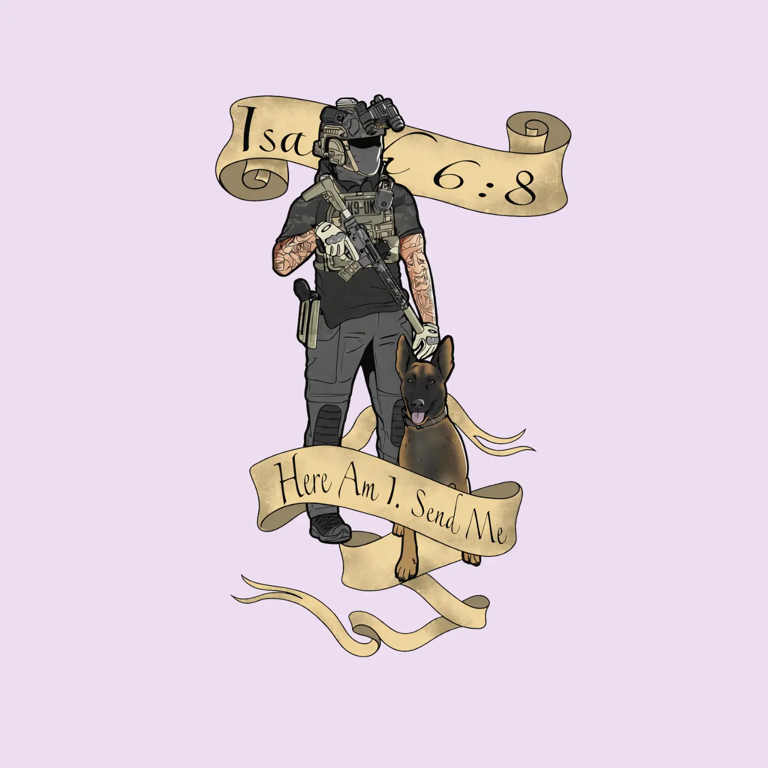 Faith Tactical Operator Sticker with K9 Dog Illustration and Bible Verse Isaiah 6:8 “Here Am I, Send Me”, Military Style Decal for Laptop