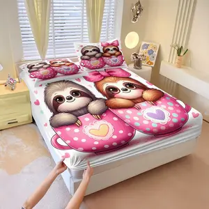 Cute sloth-themed printed fitted sheet set,Includes 1 Fitted Sheet & 2 Pillowcases without Filler,Featuring a sloth holding a heart and decorated with a flower bouquet,Multiple styles available,This makes a wonderful bedding gift.