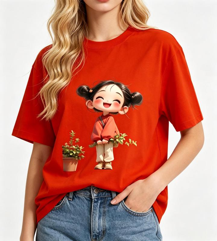 Women's Oversized Crew Neck T-Shirt - Orange, Cute Cartoon Girl Graphic with Double Buns & Laughing Plant Print, Breathable Short Sleeve Fabric, Y2K Style Streetwear for Summer Beach Outfits