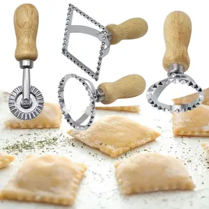 Ravioli Maker Stamp Cutter with Roller Wheel Set Pasta Maker Mold with Wooden Handle and Fluted Edge Ravioli Cutter and Press Stamp for Pasta Dumplings Lasagna Pierogi