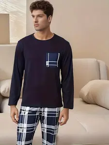 Men's Casual Plaid Sleepwear Set, Pajama, Loungewear, Comfortable Polyester and Spandex Blend, Round Neck T-Shirt, Long Pants, Fall Winter