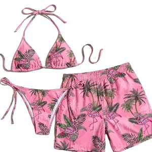 Matching Couple Flamingo Bikini and Trunks, Tropical Palm Beachwear Set, Couple Gift