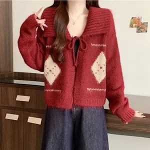 Red Diamond Pattern Christmas Sweater, Loose Fit Cardigan, Slimming Knit Coat for Holiday Knitwear Womenswear