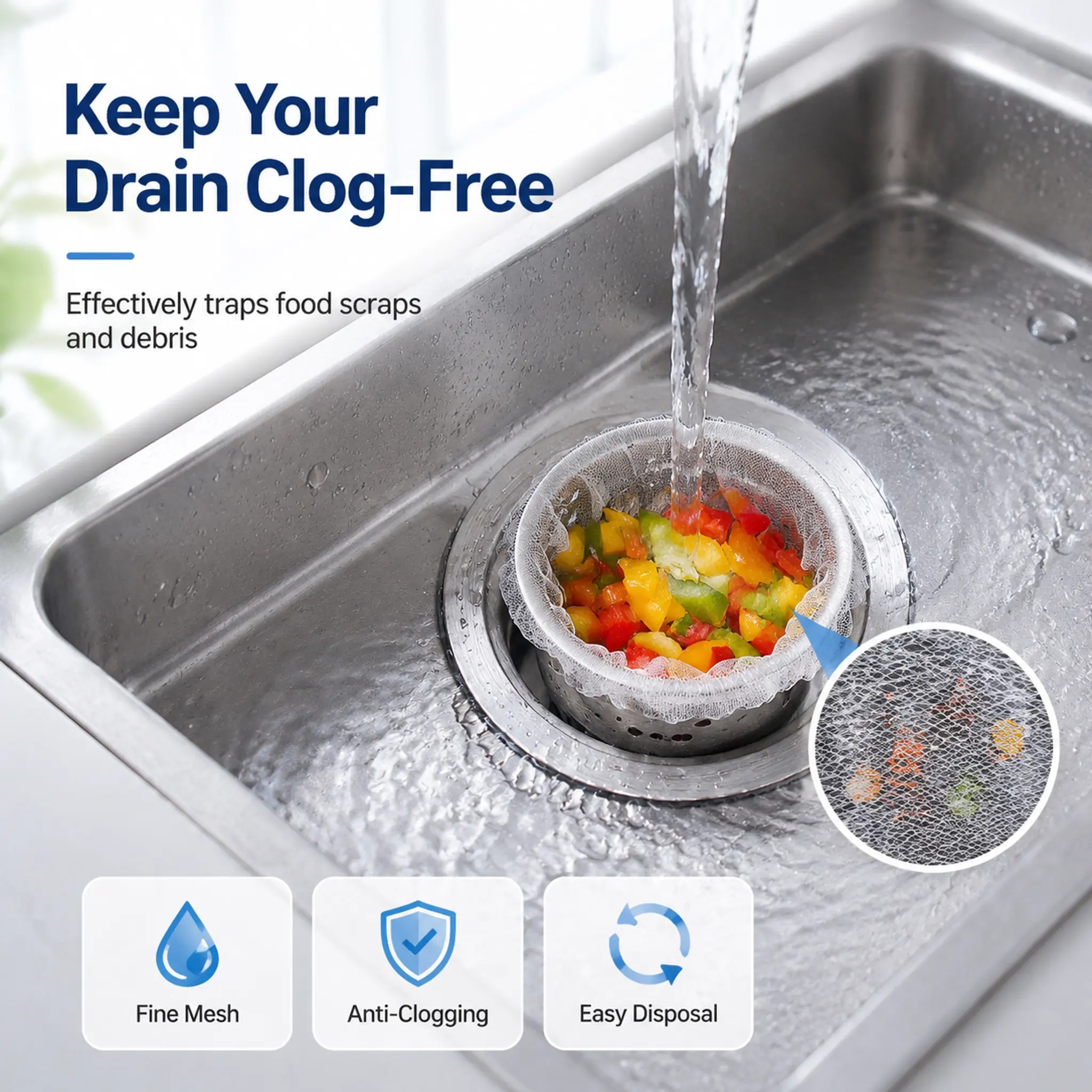 Fine Mesh Drain Protector - Anti-Clogging Kitchen Sink Strainer for Food Scraps & Debris - Easy Disposal - Keep Your Drain Clog-Free